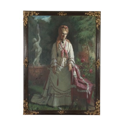 Large Painting Of Noblewoman Oil On Canvas Late '800 Early '900