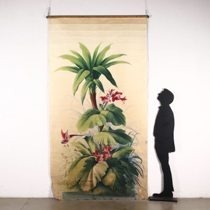 Large painting on fabric, vegetation and parrot