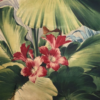 Grande peinture sur tissu, végétation et perroquet