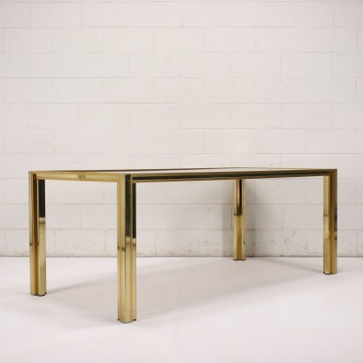 Table Chromed Metal Brass Smoked Glass Italy 1970s 1980s