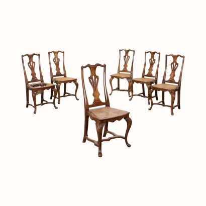 antigüedad, silla, sillas antiguas, silla antigua, silla italiana antigua, silla antigua, silla neoclásica, silla del siglo XIX, grupo de seis sillas estilo Chippenda