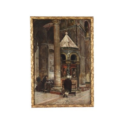 Church Interior by Vittore Zanetti Zilla Oil on Canvas Italy '800.