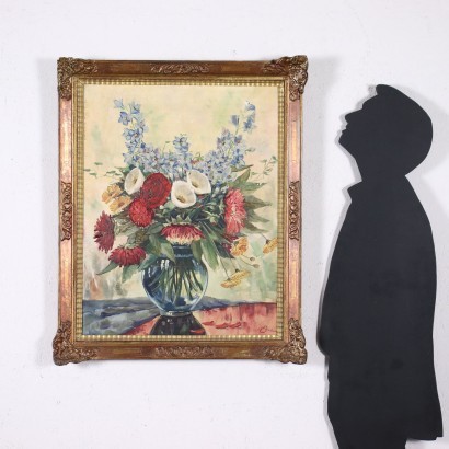 Flower Arrangement in Glass Vase Oil on Canvas Italy \'900
