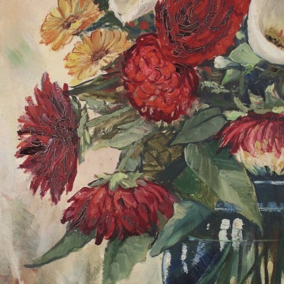 Flower Arrangement in Glass Vase Oil on Canvas Italy \'900