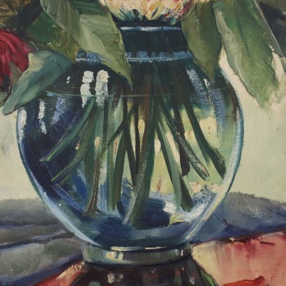 Composition Fleurs dans un Vase en Verre Huile sur Toile Italy \'900