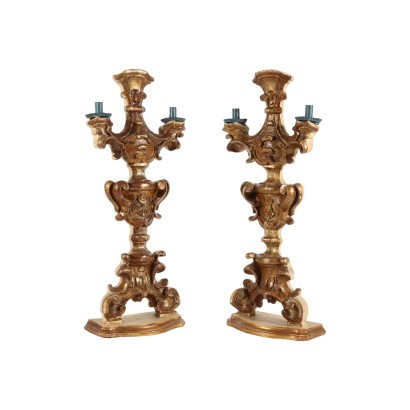 Pair of Baroque Candelabra Lacquered Wood Italy 18th Century