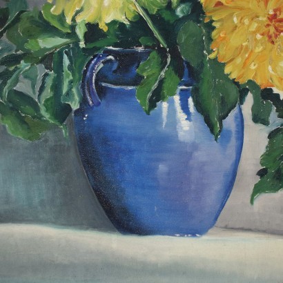 Composition de Fleurs en Vase Bleu Huile sur Carton Italie 1947