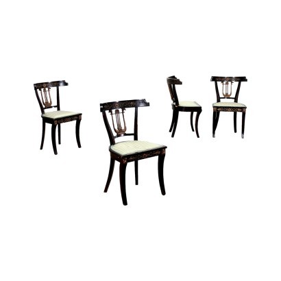 Antik, Stuhl, antike Stühle, antiker Stuhl, antiker italienischer Stuhl, antiker Stuhl, neoklassizistischer Stuhl, Stuhl des 19. Jahrhunderts, Gruppe von vier Stühlen im imperialen Stil