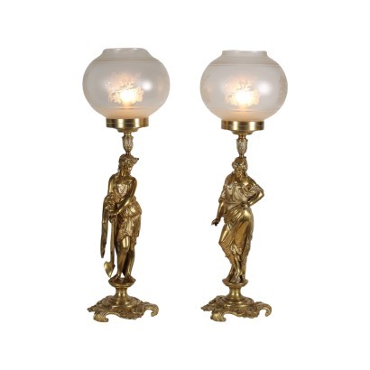Pair of Lamps Gilded Bronze Glass Italy XX Century