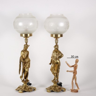 Paire de Lampes en Bronze Doré Verre - Italie XX Siècle