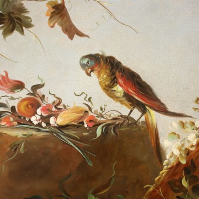 Composizione floreale con pappagallo
