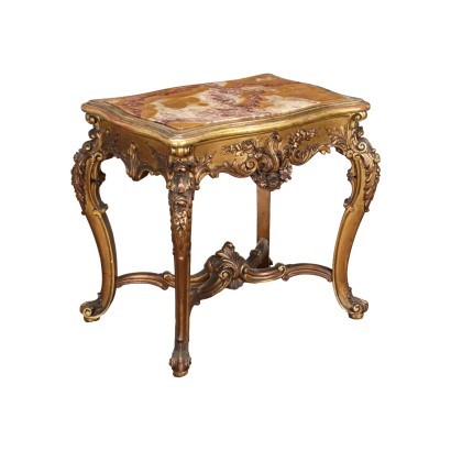 Table Basse de Style Rococo Albâtre Bois Doré Italie XX S.
