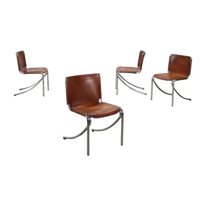 Group of 4 Chairs by Acerbis Leather Chromed Tubular Italy 1970s