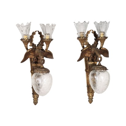 Pair of 3-Lights Empire Style Wall Lamps Burnished Bronze Italy XX C