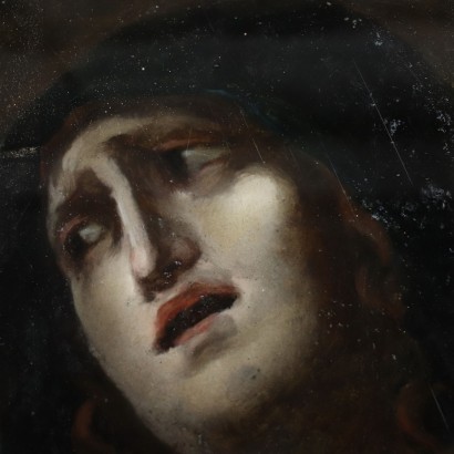 Gesicht einer Traurigen Madonna Öl auf Glas Italien XVIII Jhd
