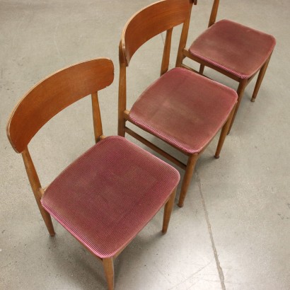 Group of 6 Chairs Beech Teak Fabric Italy 1960s