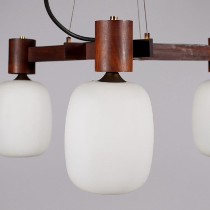 Ceiling Lamp Teak Opaline Glass Italy 1960s