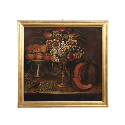 Still Life with Flowers, Fruit and Goldfinch Oil on Canvas Italy '700