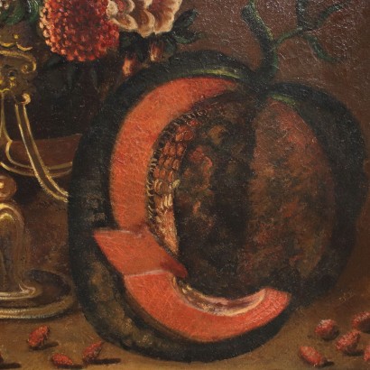 Still Life with Flowers, Fruit and Goldfinch Oil on Canvas Italy '700