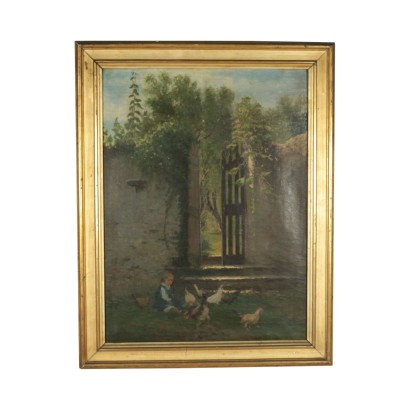 arte, arte italiano, pintura italiana del siglo XIX, Escena de género con niña y pollos