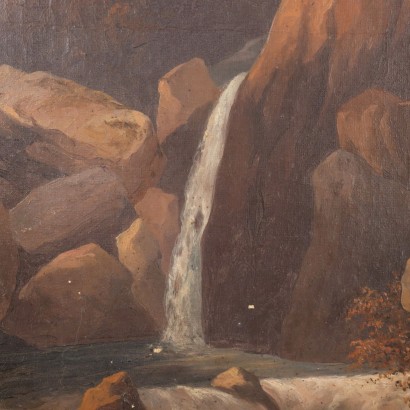 Paysage avec cascade et Berger Huile sur toile - Italie XIX Siècle