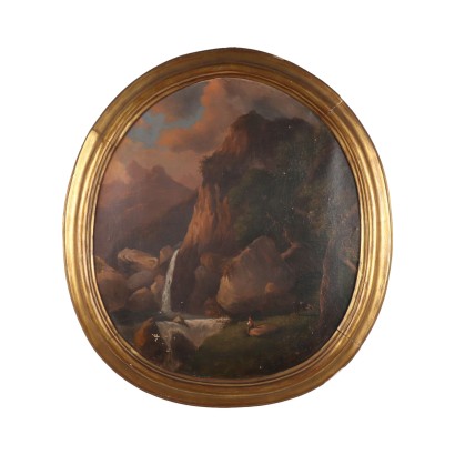 Paysage avec cascade et Berger Huile sur toile - Italie XIX Siècle