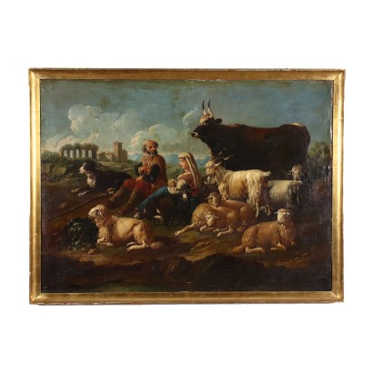 Landscape with Shepherds and Herds Oil on Canvas Italy XVII Century
