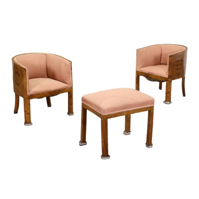 Antiquitäten, Sessel, antike Sessel, antiker Sessel, antiker italienischer Sessel, antiker Sessel, neoklassizistischer Sessel, Sessel aus dem 19. Jahrhundert, Paar Sessel und Hocker Art D