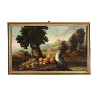 Composición de paisaje con frutas y pájaros