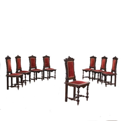 Group of 8 Neo-Renaissance Chairs Walnut - Italy XX Century