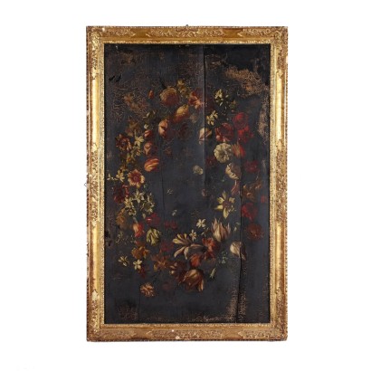 Flower Garland Oil on Wooden Table Italy XIX Century