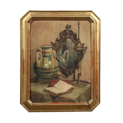 Bodegón con libro espejo y cerámica 1892
