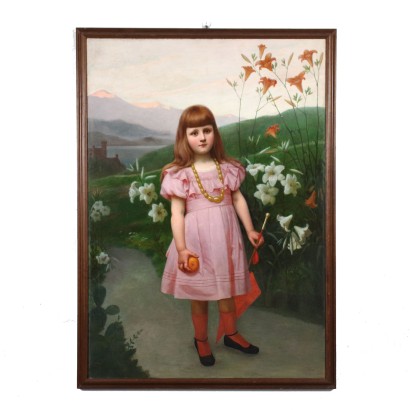 Portrait of Little Girl Oil on Canvas Italy XIX Century