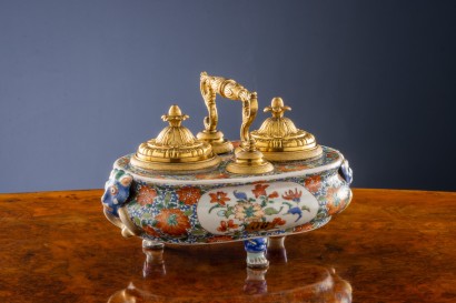 Antiker Tintenfass Regency Vergoldeter Bronze Porzellan '800