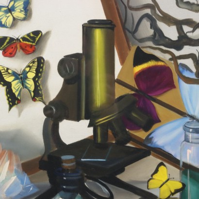 Kunst, italienische Kunst, italienische Malerei des 20. Jahrhunderts, Adriano Gajoni, Komposition mit Mikroskop und Schmetterlingen, Adriano Gajoni, Adriano Gajoni, Adriano Gajoni