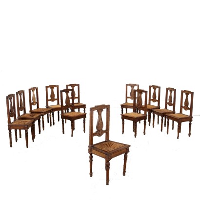 antigüedades, silla, sillas antiguas, silla antigua, silla italiana antigua, silla antigua, silla neoclásica, silla del siglo XIX, Grupo de sillas de cerezo neoclásicas