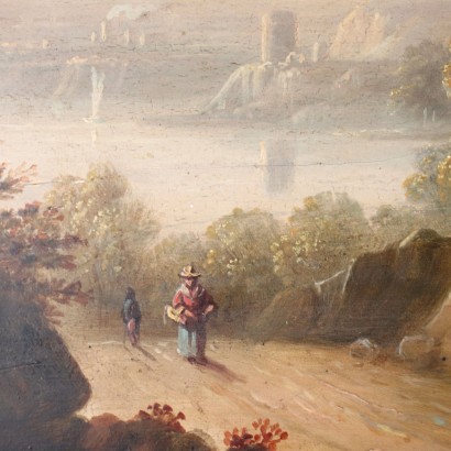 Landscape with Figures Oil on Wooden Table XIX Century