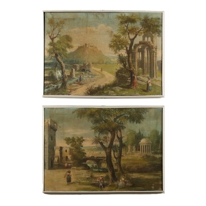 Paar Landschaften mit Figuren Mageres Öl auf Leinwand Italien XX Jhd