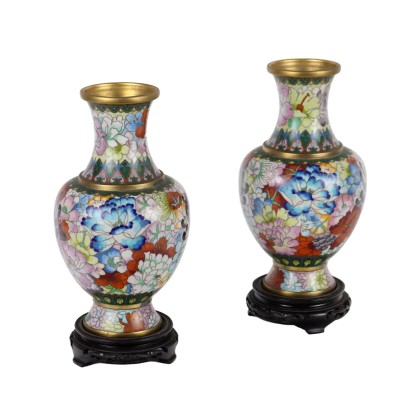 Paire de Vases Cloisonnés Porcelaine Chine Années 1960-1970