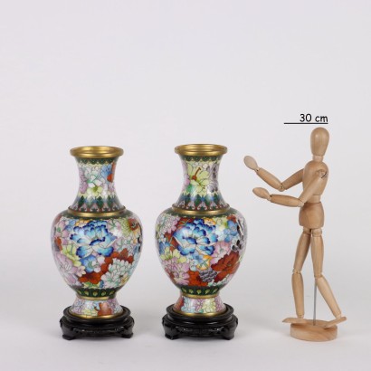Paar Cloisonné-Vasen Holz Italien 1960er-1970er