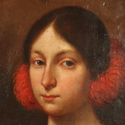 Portrait d\'une Jeune Fille Huile sur Table Espagne XVII Siècle