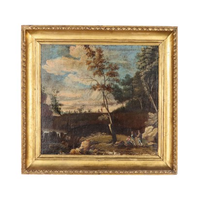 Landscape with Figures Oil Italy XIX Century