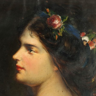 Portrait d\'une Jeune Fille Huile sur Carton Italie XIX Siècle