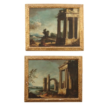 Pair of Architectural Capricci Oil on Canvas Italy XVIII Century