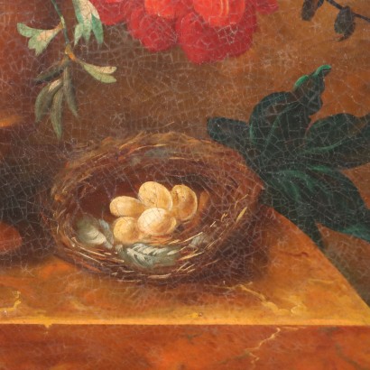 Bodegón con macetas de flores y nidos
