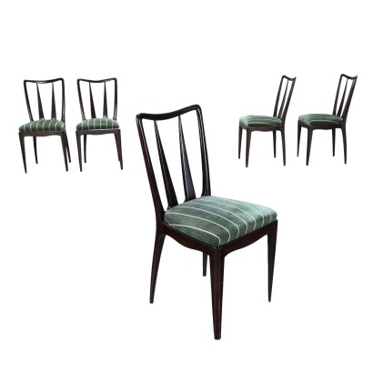 Six Chairs Stained Beech Wood Foam Leatherette Vintage Manufactured in Italy 50s