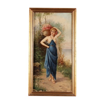 dipinto ,Dipinto di H.Waldek,Figura femminile con cesto di fiori,H. Waldek,H. Waldek,Dipinto di H. Waldek,H. Waldek