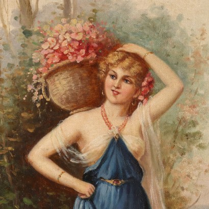 arte, arte italiano, pintura italiana del siglo XX,Pintura de H. Waldek,Figura femenina con cesta de flores,H. Waldek