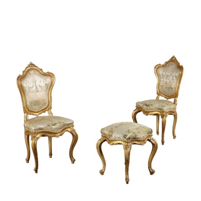 Paar Stühle und Hocker im Rokoko-Stil Holz Italien XIX-XX Jhd