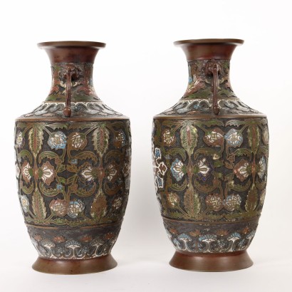 Paire de Vases Cloisonné Bronze Japon XIX-XX Siècle